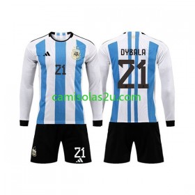 Camisolas de futebol Argentina 3 Stars Paulo Dybala 21 Criança Equipamento Principal World Cup 2022 Manga Comprida